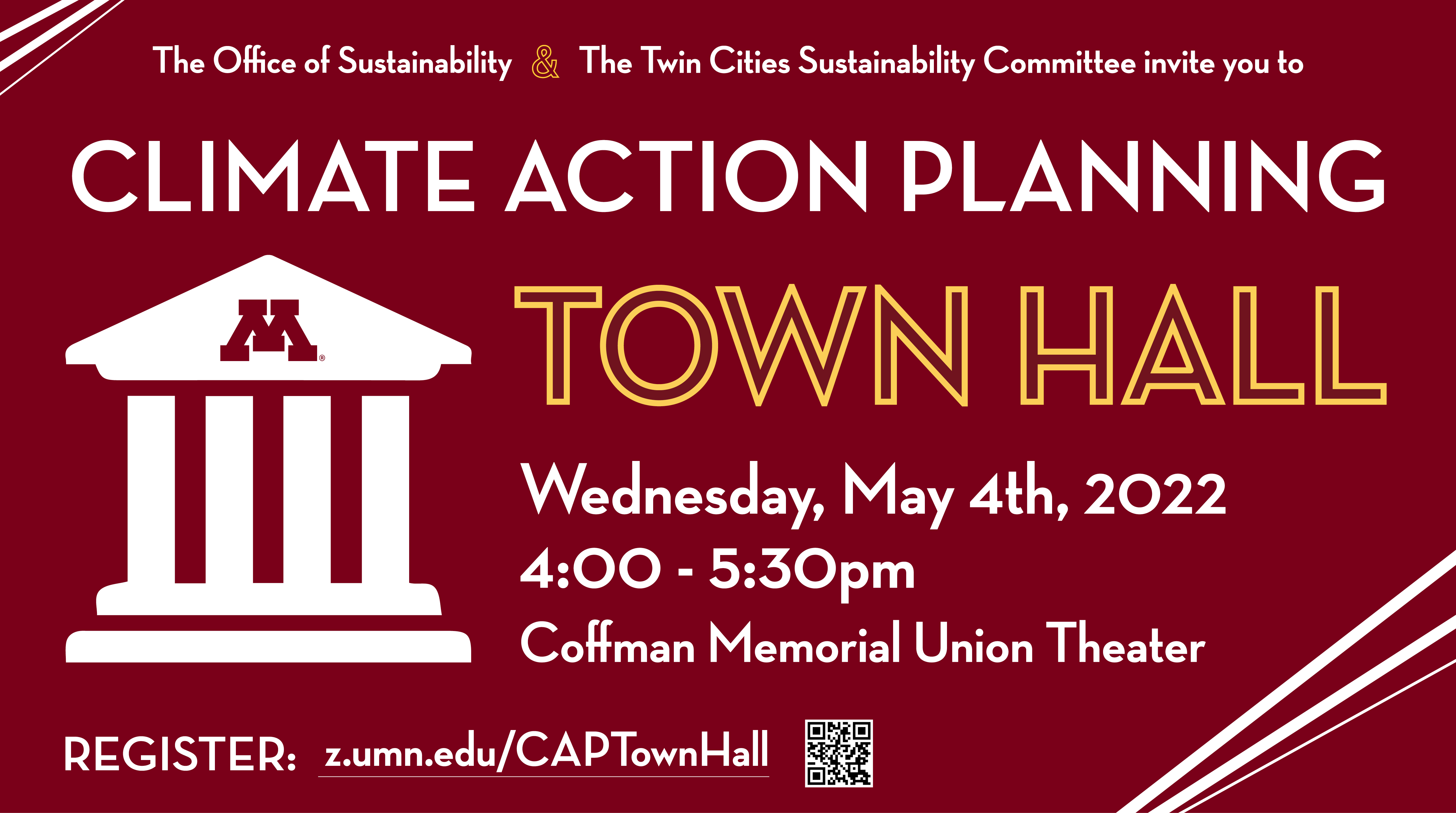 Climate Action Planning Town Hall event banner May 4th 2022 4-5:30pm Coffman Theater