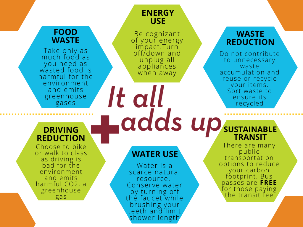 It All Adds Up! Ways to be Sustainable through Energy Use, Waste Reduction, Sustainable Transit, Water Use, Driving Reduction, and Food Waste