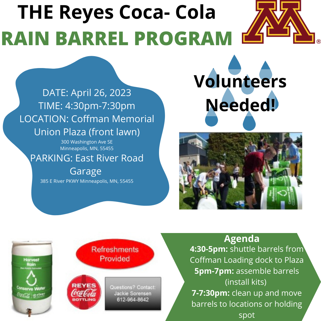Reyes Coca-Cola Rain Barrel Program flyer calling for volunteers.  