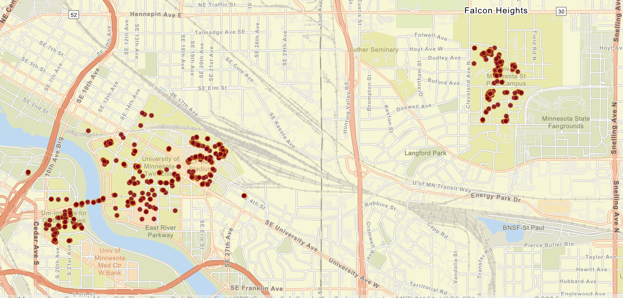 Stop the Thud! Collision Map displaying sites of bird collisions on the Twin Cities campuses