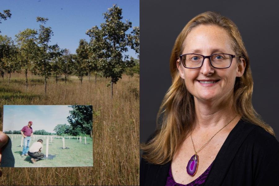 Image of a bur oak savanna next to an image of Extension Educator Angela Gupta.