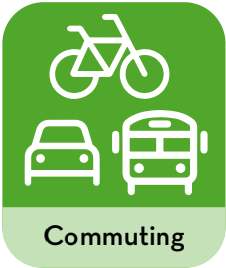 commuting icon with green background and white bike, car, and bus icons