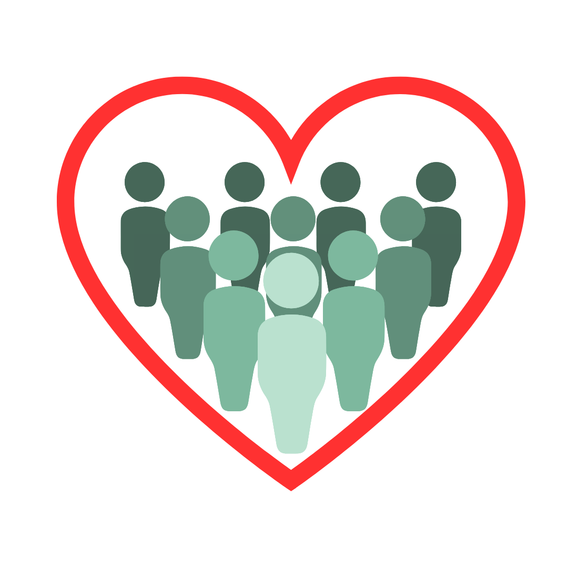 Cartoon image of 10 figures inside a red heart. 